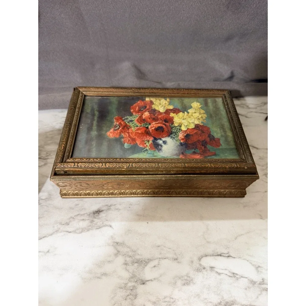 Really Old Wooden Jewelry Box With Mirror Floral Glass Top (A3195)